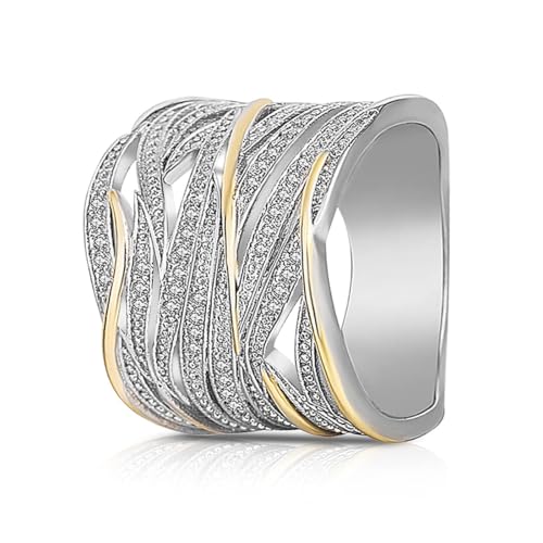 HAIXIAN Sterling Silver Wide Band Ring, Multi Cross Lines CZ Ring, Gold and Silver Two-Tone, Women's Knot Index Ring