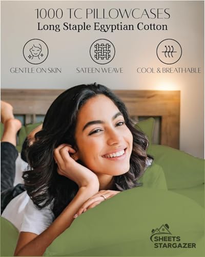 Image of 1000 Thread Count 100% Egyptian Cotton Pillow Cases, Set of 4 Pillowcase, Long-Staple 100% Cotton Breathable, Soft Sateen Weave Bed Pillow Cover, 20 X 40 Inches Pillowcases Sage King Size