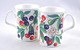 Pair Fine English Bone China Mugs - Sweet Cherry Chintz - England