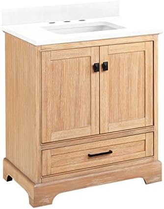 Signature Hardware 483381 Quen 30" Free Standing Single Basin Vanity Set with Cabinet, Vanity Top, and Undermount Sink - 3 Faucet Holes - Driftwood Brown/Feathered White Quartz