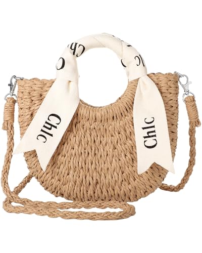 Straw Bag - Cute Straw Purse, Woven Bags for Women Vacation, Handbag or Crossbody Portable Straps Purse with Ribbon