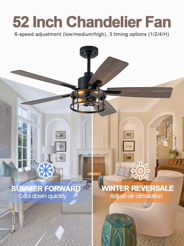 Image of 52'' Farmhouse Ceiling Fan with Light Rustic Caged Chandelier Fan