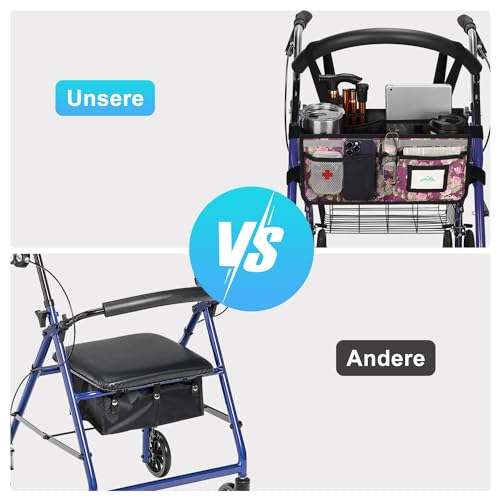 supregear Rollatorkorb, Große Kapazität Organizer Tasche mit Mehreren Taschen, Faltbarer Universeller Wasserfester Aufbewahrungsbeutel für Senioren, Lila Geblümt