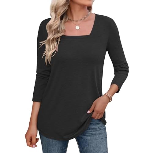 LOMON Women's 3/4 Sleeve Shirts Square Neck Summer Tops Dressy Casual Basic Tees Ladies T Shirts Blouses Black X-Large