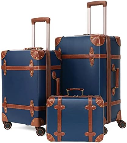 NZBZ Vintage Luggage Sets 3 Pieces Luxury Cute Suitcase Retro Trunk Luggage with TSA Lock for Men and Women (Navy Blue, 14" & 20" & 28")