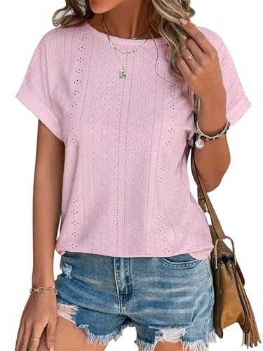 Cuptacc Tops for Women UK Women's T-Shirts Elegant Blouses Short Sleeve Crew Neck Light Pink XL 46-48