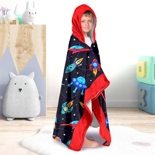 Image of Universe Boys Beach Towel with Hoodie for Kids Toddlers Age 4-8,Starry Sky Blue Bath Towels Shower Wrap for Boys, Hooded Poncho Beach Blanket for Pool Swimming Cute Wearable Bath Towel for Child