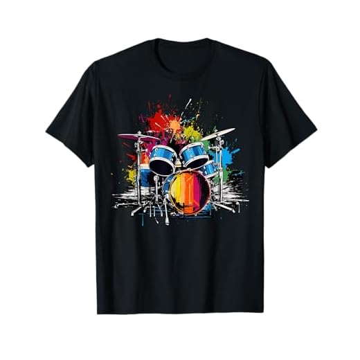 Drums instrument kids, women, men musician Camiseta de batería de tambores de colores vibrantes para niños y niñas, manga de doble puntada, talla S, negro, multicolor