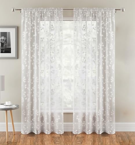 Image of Tyrone Textiles Pair of Delila White Trail Leaf Print Sheer Voile Panels 137 CM with Rod Pocket Header