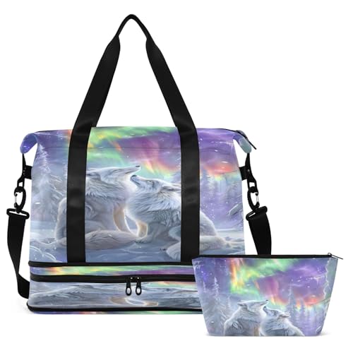 A Beautiful White Wolf and Gray Colored Fox Travel Duffel Bag Waterproof Gym Sport Tote Bag Carry On Weekender Bag with Compartment2