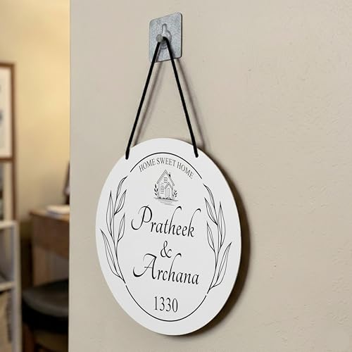 Image of P Arts Personalized Door Name Plate for Home Entrance Round Shaped 10x10 Inch Name plate for home entrance, Door name plates MDF Wood, Black & White (Engraved-03)