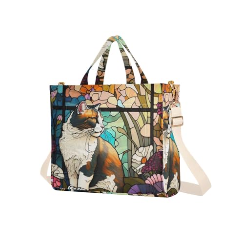 Stained Glass Cat Corduroy Women Tote Bag, Handbag Purse with Detachable Strap2