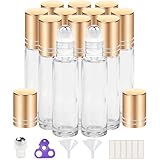 PrettyCare 12 Pack, 10 ml Essential Oil Roller Bottles with Stainless Steel Roller Ball - Refillable Leak-proof Empty Thick Clear Glass Roll on Bottles with Metal Caps for Travel, Perfume