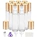 Essential Oil Roller Bottles 10ml (Clear Glass Bottle with Gold Cap, 12 Pack, 2 Extra Stainless Steel Balls, 24 Labels, Opener, Funnels by PrettyCare) Roller Balls for Oils, Roller on Bottles