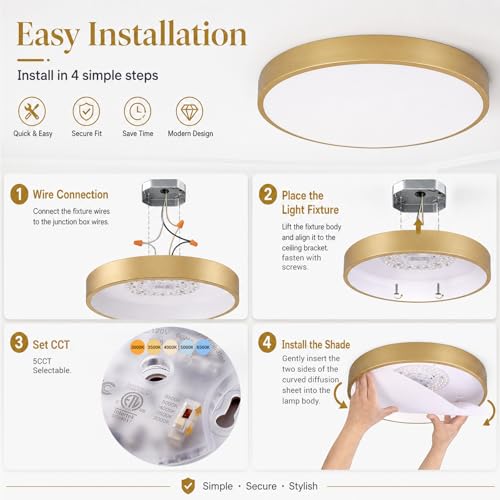 20 Inch Gold LED Flush Mount Ceiling Light, 48W 5CCT Dimmable Ceiling Light Fixture for Kitchen Lighting Fixtures Ceiling, Bedroom & Living Room by Generic - Used condition - Image 9