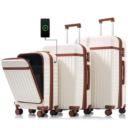 Image of Hardshell Luggage, Lightweight Suitcase with Spinner Wheels, WHITE BROWN+USB