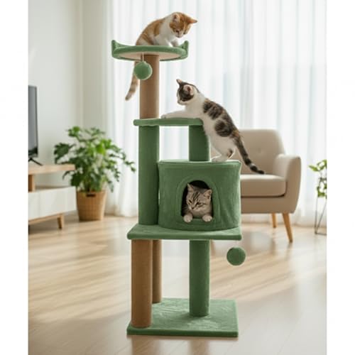 Image of Soft Fur Activity Scratching Post /Cat Tree for Kittens & Cats - Natural Sisal Rope Triple Platform Tower (Height 43 Inch) (FURR - 3FLORR - Green)