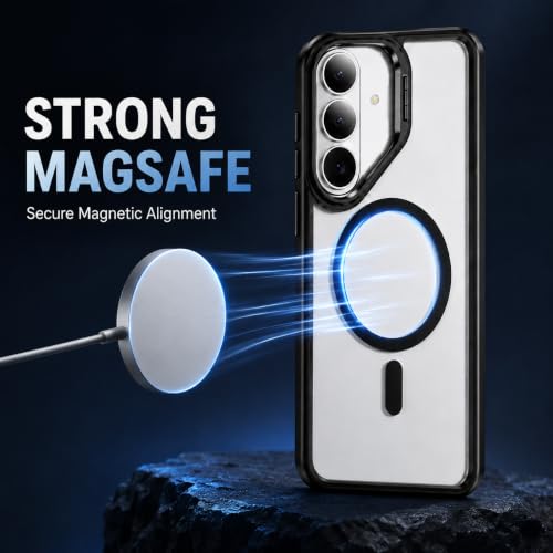 Image of MagPro ClearBack Case with Stand for Samsung Galaxy S24 Anti Yellow, Strong MagSafe Compatible Cover, Shockproof Armor, Scratch Resistant Polycarbonate Hard Back with Soft TPU Bumper Black