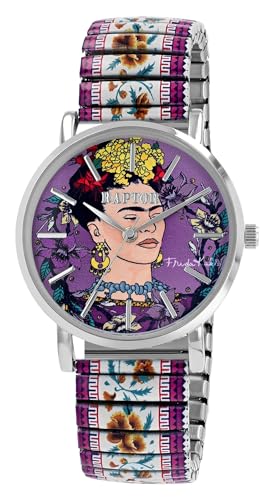 Raptor Reloj de pulsera para mujer Frida Kahlo Edition con cordón de alta calidad, acero inoxidable, regalo para mujer, novia o madre con caja de reloj, Multicolor Lila, Contemporáneo