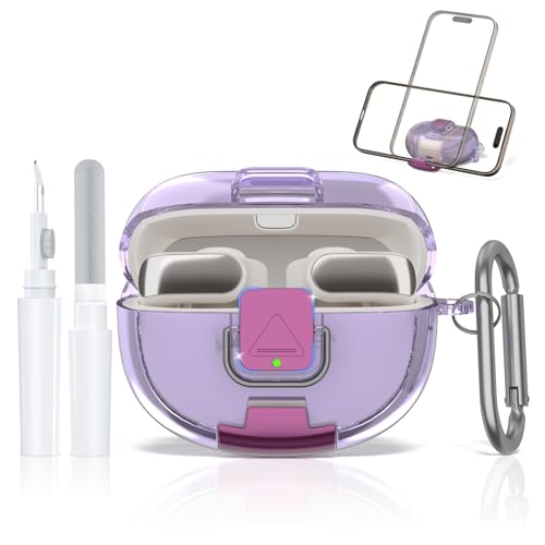 LAKSDIURT for Bose Ultra Open Earbuds Case with Secure Lock & Phone Stand Soft TPU Shockproof Protective Clear Case for Bose Open Ear Earbuds Accessories with Cleaning Pen & Keychain (Clear Purple)