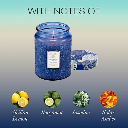 Image of Voluspa Mediterranean Lemon Large Scented Candle Jar 18 Oz, 100 Hr Burn | Coconut Wax Blend in Decorative Glass, Clean Even Burn, USA Handcrafted Gift for Hosts, Fragrance Lovers & Relaxed Rooms