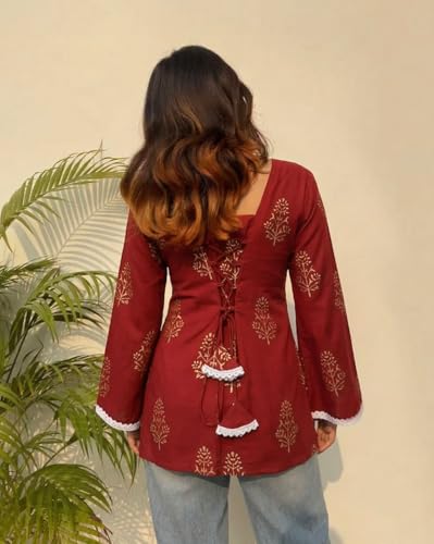 Image of ANNI Designer Women's Viscose Printed Short Kurti | Red Buta Print Tunic Top | V Neck Lace Detail | Full Sleeve Hip Length Kurta Top for Women