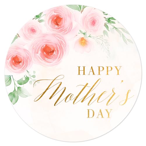 Mobiusea Creation Pink Floral Happy Mother’s Day Stickers | Large 2 inch | 60pcs Gold Foil Envelope Seal Stickers & Gift Labels for Gifts, Mothers Day Cards, Party Favors & Decorations