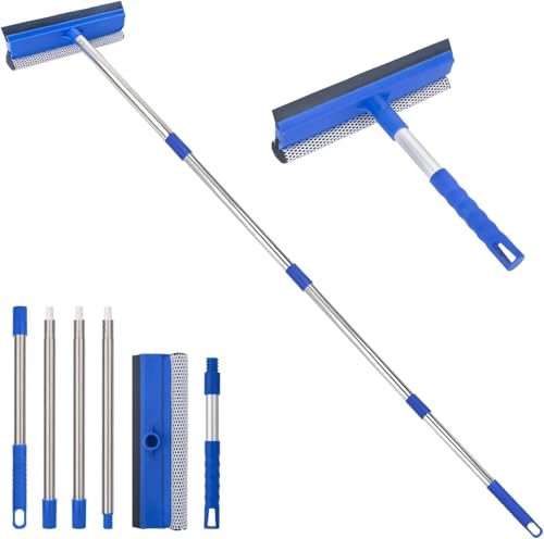 Window Squeegee for Home 56 Long Handle Shower Door Cleaner Tool 2-in-1 Glass Scrubber for Car Windshield Cleaning