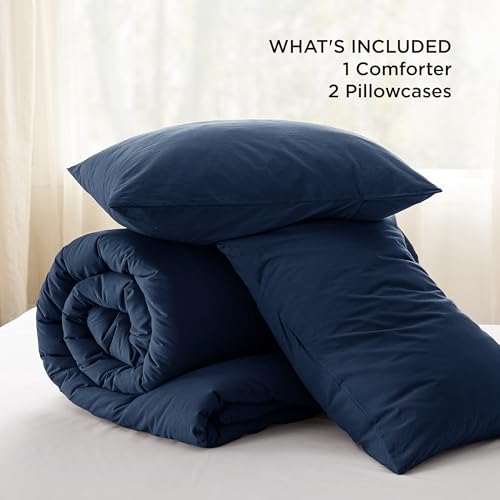 Image of Bedsure Comforter Set Queen Size - Cotton Fabric with Microfiber Inner Fill, Navy PureWoven Soft Bed Set for All Seasons, 3 Pieces, 1 Comforter (90 inch x 90 inch) and 2 Pillow Cases (20 inch x 26 inch)