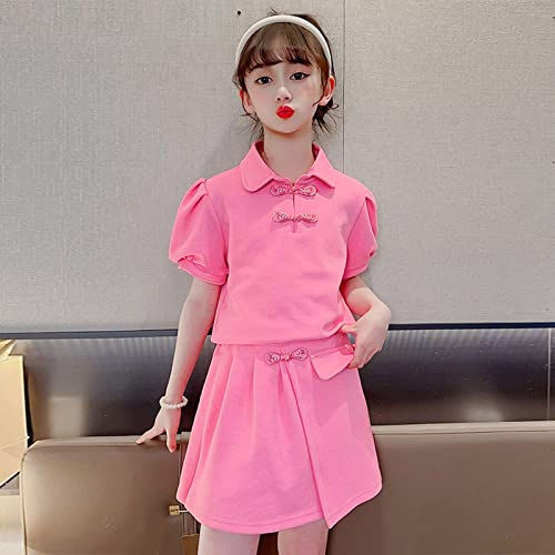 Camisetas infantis estilo coreano manga curta babados blusa lisa duas peças roupas casuais (rosa, 7-