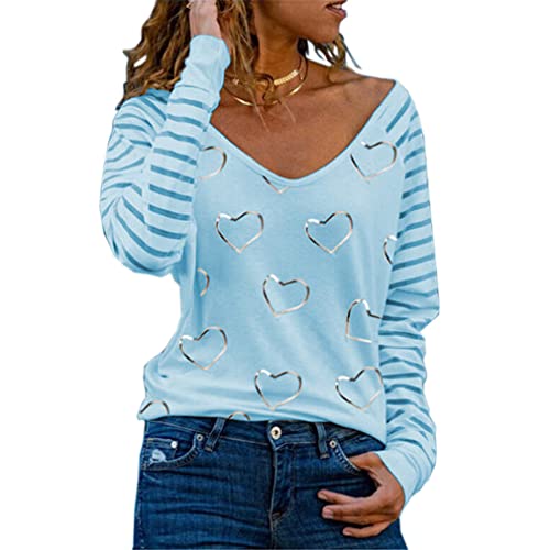 DEBAIJIA Mujer Manga Larga Blusa Camisetas Cuello en V Botones Casual Tops Elegante Sexy Holgada Primavera Otoño (A-Azul Cielo-3XL)