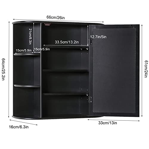 Iwell Bathroom Medicine Cabinet With Mirror, Bathroom Wall Cabinet With 2 Adjustable Shelves & 6 Open Shelves, Bathroom Cabinet Wall Mounted, Over The Toilet Space Saver Storage Cabinet, Black #TOP2