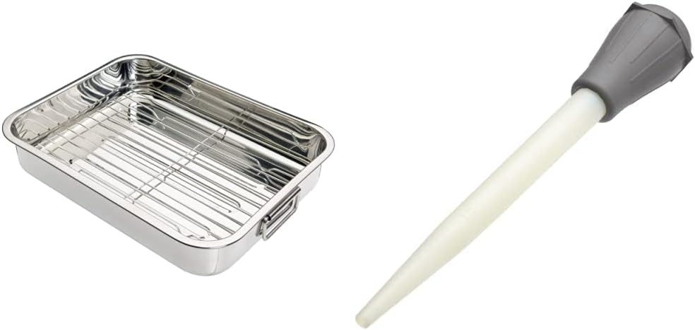 KitchenCraftRoasting Tin with Rack, Stainless Steel Roasting Tin, Medium, 37 x 28 cm, Silver & Turkey Baster, Plastic, Essential Kitchen Gadget for Roasting, 28 cm