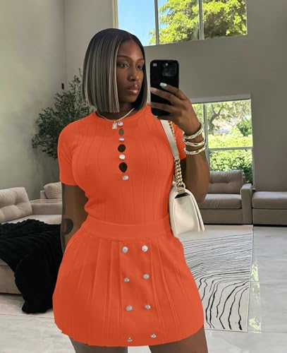 Image of Two Piece Outfits for Women Summer Going Out Knit Crop Tops Pleated Mini Skirt Sets Short Sleeve Mini Dress