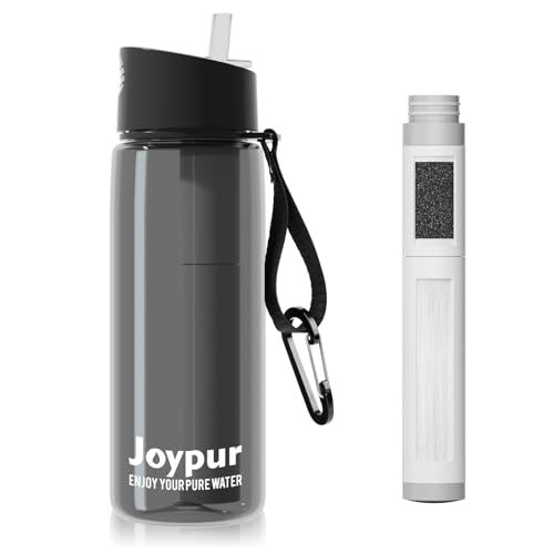 Joypur Botella para beber con filtro supervivencia al aire libre 650 ml Botella filtro purificador para exterior Botella de agua potable con 5 capas de materiales de filtro (Gris)