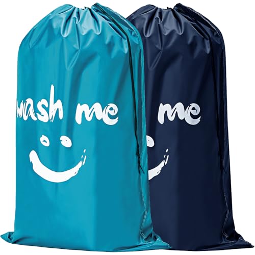 HOMEST 2 Pack XL Wash Me Travel Laundry Bag, Dirty Garments Organizer, Large Enough to Hold 4 Loads of Clothes, Easy Fit a Hamper or Clothing Basket, Azure and Blue