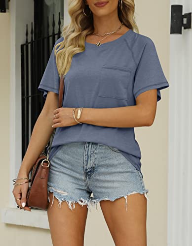 Mirol Women's Short Sleeve Tunic Top Round Neck Solid Stitch Shirt Oversized Summer Casual Blouse Blue #TOP6