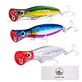 TERRAFLOW 5.1' Large Topwater Popper Lures, 3PCS Saltwater GT Popper for Tuna, Striper & Bluefish, Big Splash Offshore & Surf Casting Lures, 1.52oz, VMC Treble Hooks (Silver/Green/Blue)