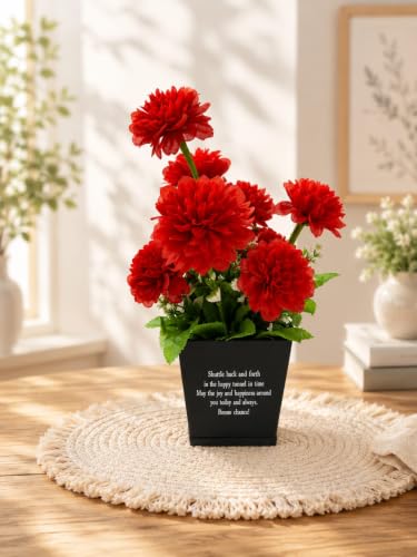Image of Artificial Red Dahlia Flower Pot with Black Pot, 12x10 Inch