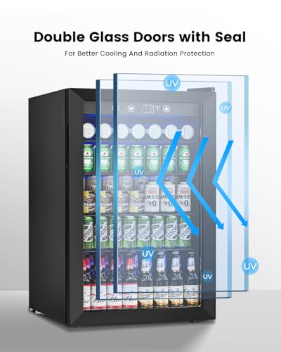 Image of Feelfunn 4.5 Cu.Ft Beverage Refrigerator Cooler - 145 Can Mini Fridge Glass Door for Soda Beer Wine, Small Refrigerator for Bedroom Office Home Bar, 4 Adjustable Shelves, Black