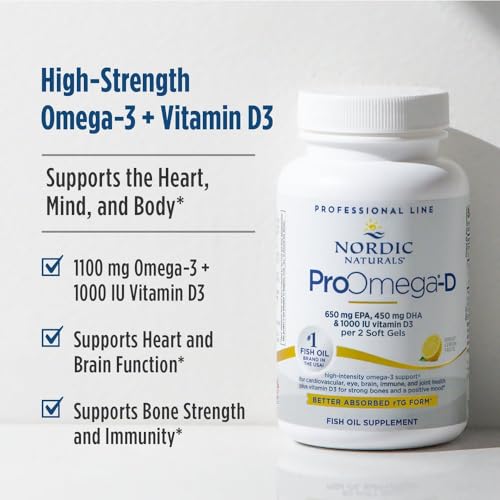 Image of Nordic Naturals ProOmega-D, Lemon Flavor - 180 Soft Gels - 1280 mg Omega-3 + 1000 IU D3 - High-Potency Fish Oil - EPA & DHA - Brain, Eye, Heart, & Immune Health - Non-GMO - 90 Servings