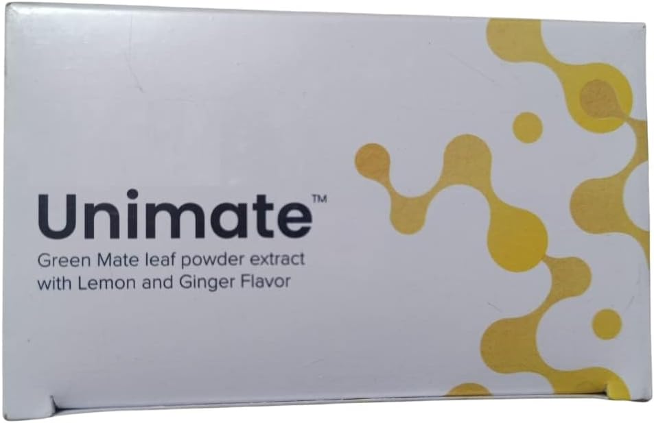 AuraNutrition Unimate green mate leaf powder extract with lemon and ginger flavor.
