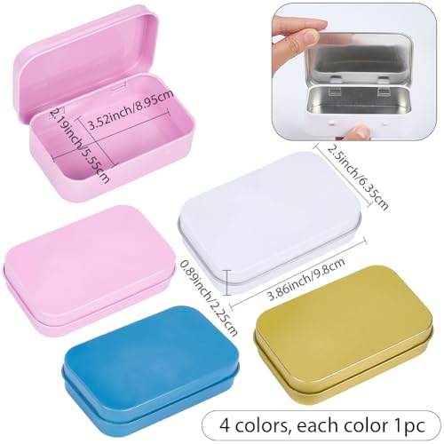 Image of 4 Colors 3.86 inchx2.5 inch 4Pcs Tin Boxes Empty Hinged Tins Colorful Mini Cute Rectangular Small Portable Jewelry Metal Container with Lid Iron Storage Box Bulk for Home Outdoors Organizer Kit