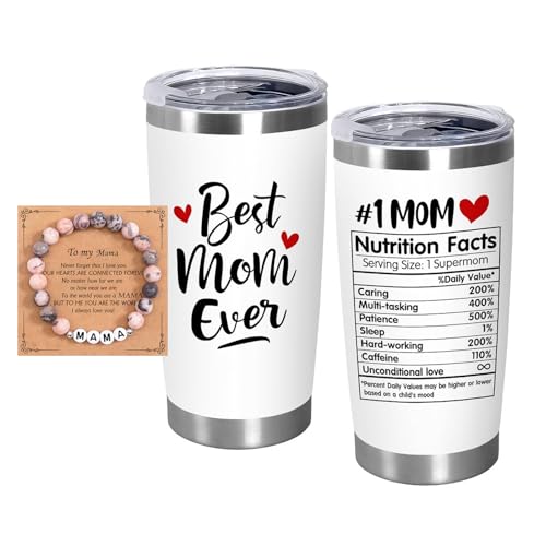 Best Mum Ever Tumbler with Bracelet, 590ml Stainless Steel Insulated Travel Mug with Lid, Mamasaurus Design (BestMomEver)