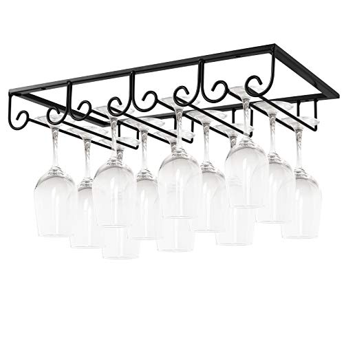 MOCOUM Under Cabinet Wine Glass Rack Stemware Rack Wine Glasses Hanger Rack Wire Wine Glass Holder Storage Hanger for Cabinet Kitchen Bar Black 4 Rows 1 Pack