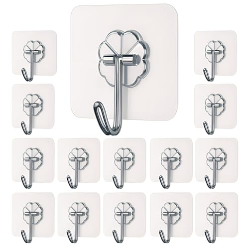Image of Self Adhesive Wall Hooks - 15 Pcs Heavy Duty Wall Hooks for Hanging and Wall Heavy Items Without Drilling, Transparent Wall Hanger Hook (Flower Hook, 15)