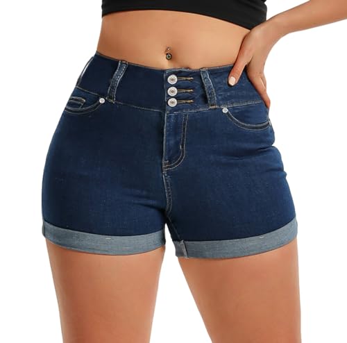 Pnadty Women'S Summer High Waisted Stretch Denim Shorts Casual Folded Hem Jean Shorts(03Dark Blue,Large)