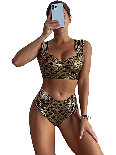 WDIRARA Women's Metallic Print Wide Strap Cheeky Bottom Push Up 2 Piece Set Bikini Swimsuit