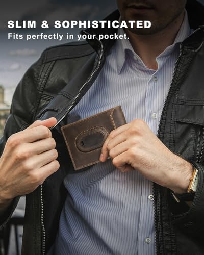 Image of Men's Wallet Compatible with Samsung Galaxy SmartTag 2, Bifold Full-Grain Leather Slim Smart Wallet with Tracker, Rfid Blocking, 11 Card Slots