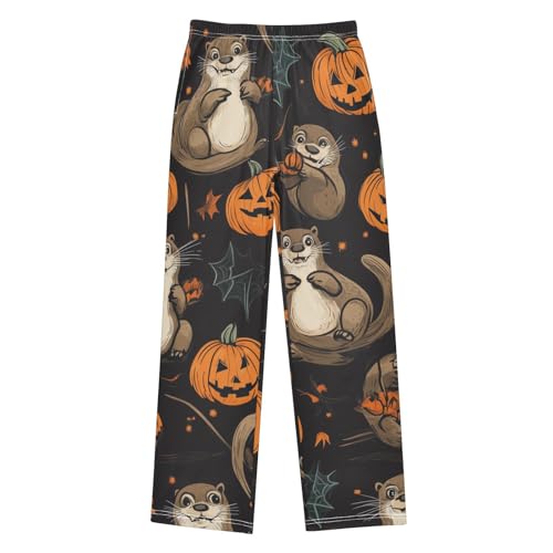 Halloween Otter Pumpkin Boys Long Pants Soft Trousers Elastic Waist Kids Lounge Bottoms with Pockets S-XL